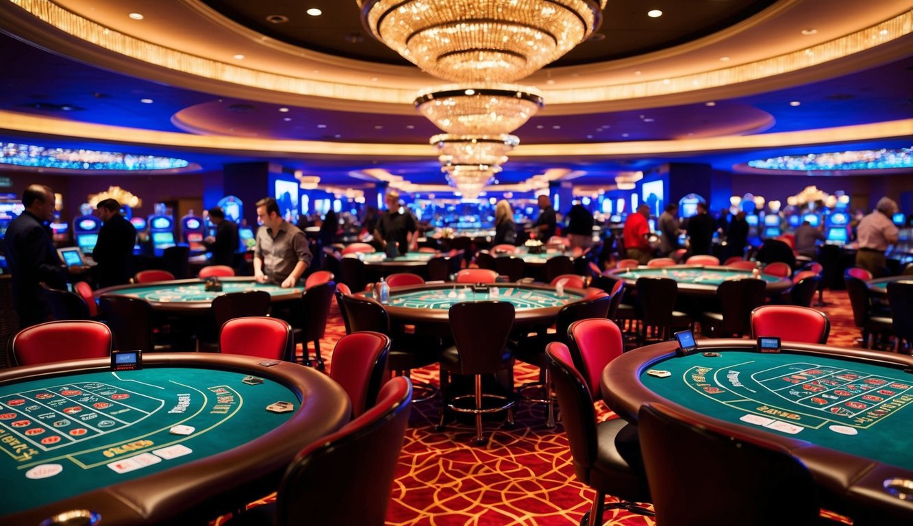 Lantai kasino yang ramai dengan meja dealer langsung, dikelilingi oleh pemain yang antusias dan lampu yang berwarna-warni