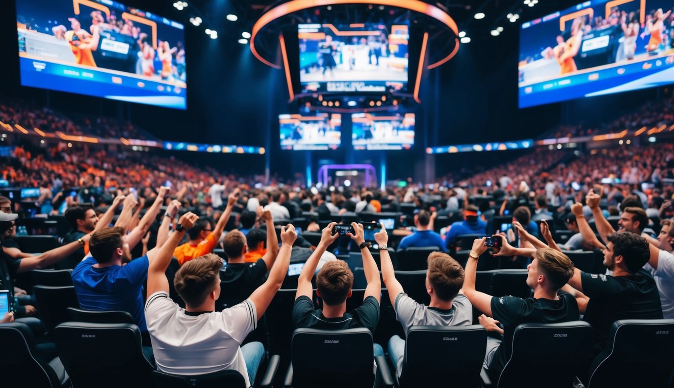 Sebuah arena taruhan esports yang ramai dengan pertandingan intens di layar besar dan penggemar yang antusias mendukung tim favorit mereka