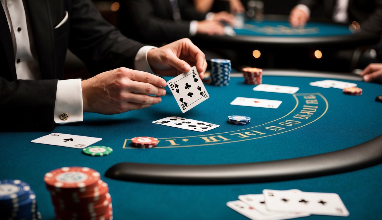 Sebuah meja blackjack dengan kartu, chip, dan tangan dealer yang membagikan kartu kepada pemain