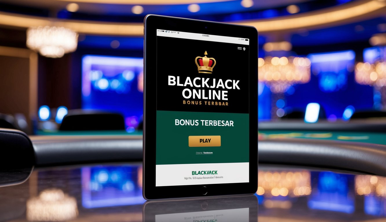 Antarmuka kasino online yang ramping dan modern dengan spanduk "Bonus Terbesar Blackjack Online" yang ditampilkan dengan mencolok. Latar belakang menampilkan suasana kasino yang bergaya dan mewah.