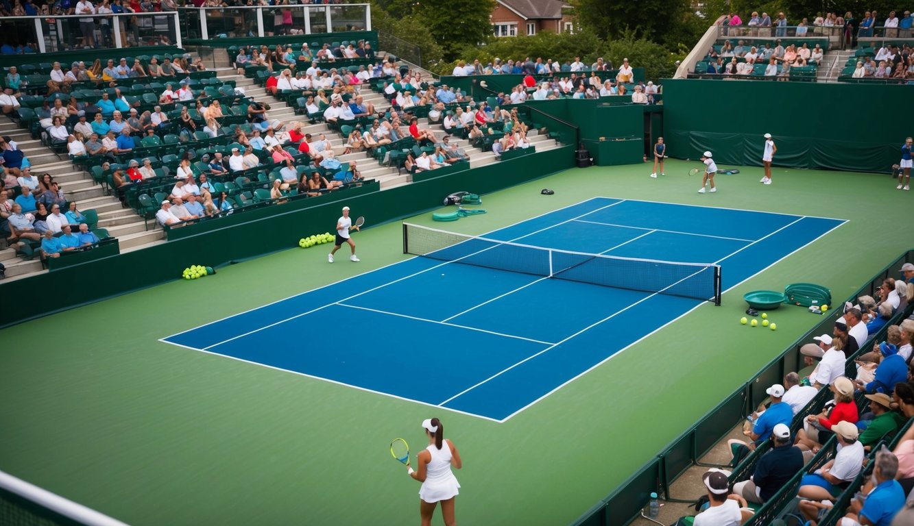 Sebuah lapangan tenis dengan jaring, raket, dan bola. Penonton menyaksikan dari tribun saat pemain bersaing di lapangan.