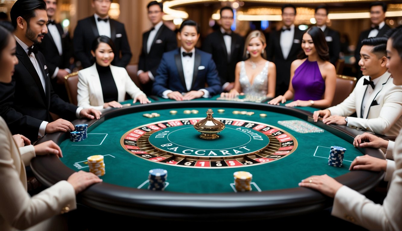 Sebuah meja kasino mewah dengan pengaturan baccarat yang ramping, dikelilingi oleh pemain yang elegan dan berpakaian rapi