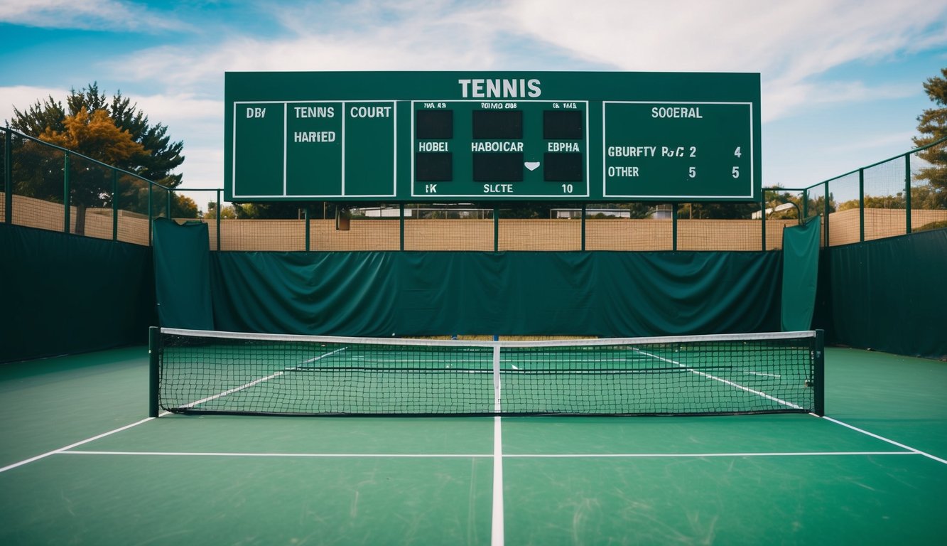 Sebuah lapangan tenis dengan tanda handicap dan papan skor