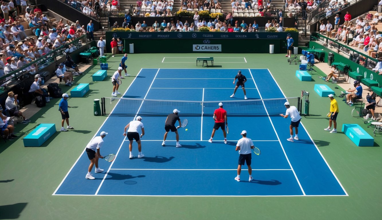 Sebuah lapangan tenis dengan pemain yang sedang merencanakan strategi, dikelilingi oleh penonton dan pelatih