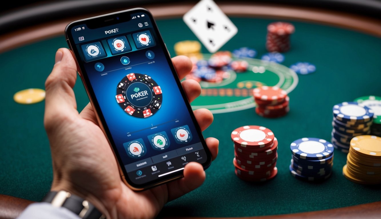 Sebuah tangan memegang smartphone dengan aplikasi poker terbuka, dikelilingi oleh chip dan kartu digital di meja poker virtual