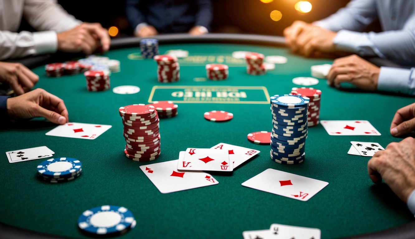 Sekelompok chip poker dan kartu bermain tersebar di atas meja felt hijau, dengan suasana tegang dan pemain yang fokus.