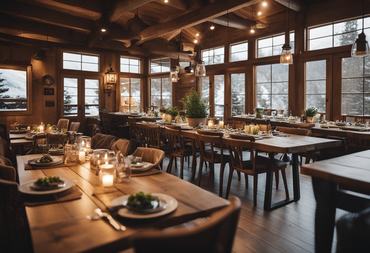 A cozy ski lodge dining area with rustic wooden tables and chairs, a crackling fireplace, and a spread of keto-friendly lunch options like salads, soups, and grilled meats