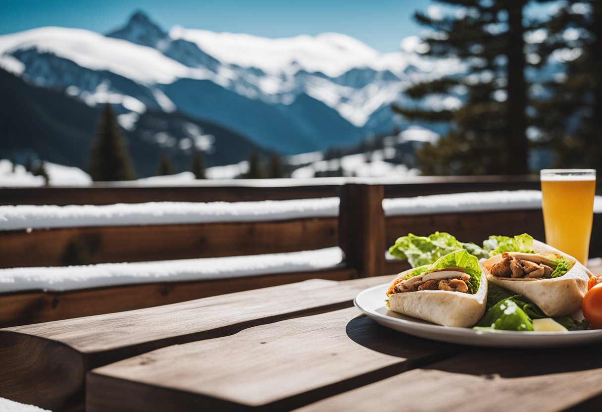 A rustic wooden table with a plate holding a grilled chicken caesar wrap, surrounded by snow-capped mountains and pine trees