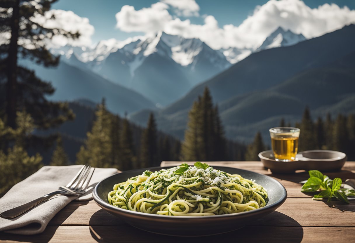 A rustic wooden table set with a bowl of zucchini noodles topped with pesto, surrounded by snow-capped mountains and pine trees