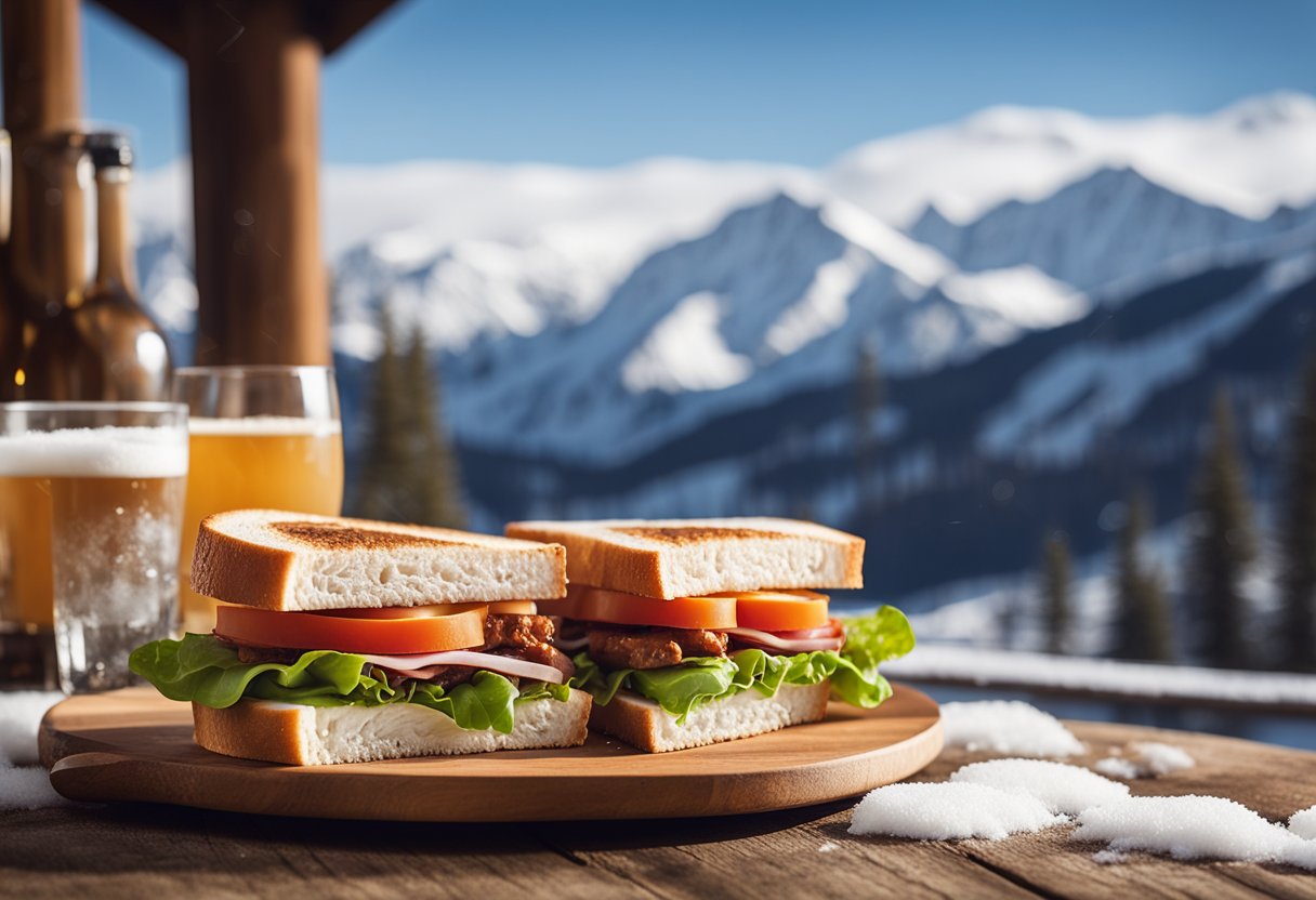 A rustic wooden table set with a keto-friendly BLT sandwich, surrounded by winter-themed ski lodge decor and snow-covered mountains in the background