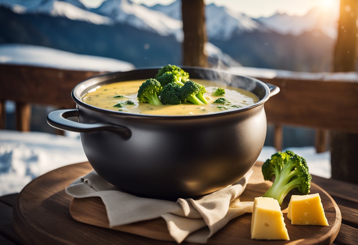 A steaming pot of broccoli and cheese soup sits on a rustic wooden table in a cozy ski lodge, surrounded by snowy mountain views