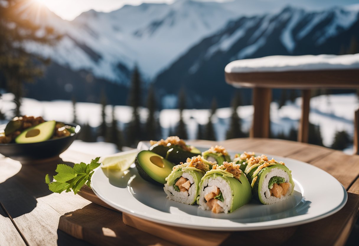 A wooden ski lodge table with a plate of turkey and avocado roll-ups, surrounded by snowy mountain views and pine trees