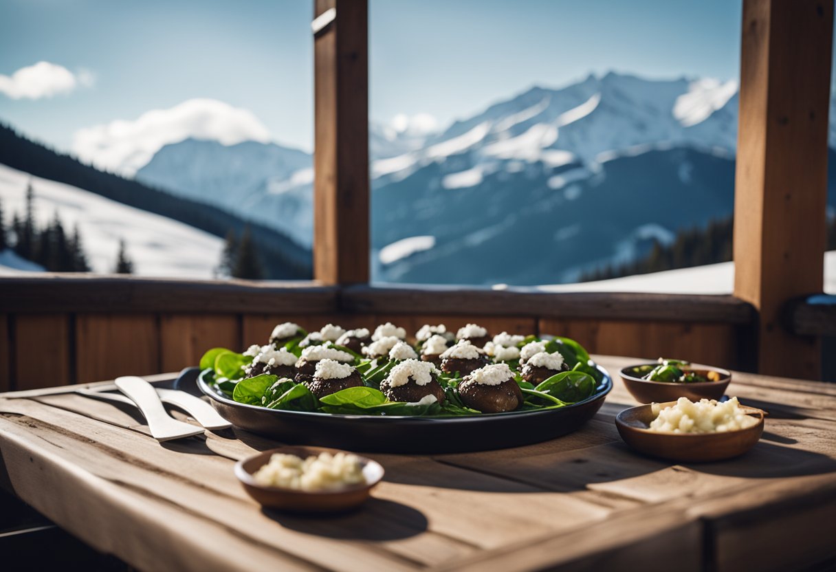 A cozy ski lodge table set with a platter of spinach and feta stuffed mushrooms surrounded by rustic wooden decor and snowy mountain views