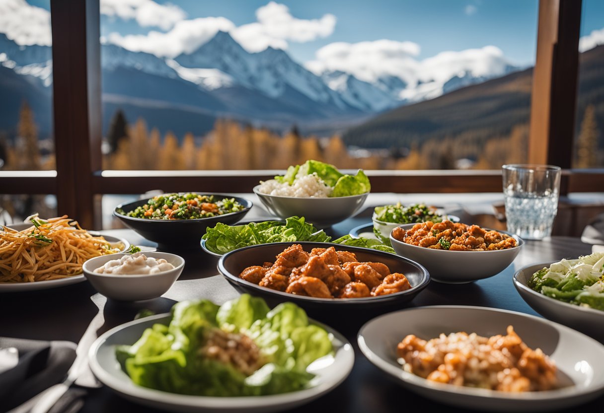 A cozy ski lodge table with a spread of buffalo chicken lettuce cups and other keto lunch options. Snowy mountains visible through the window