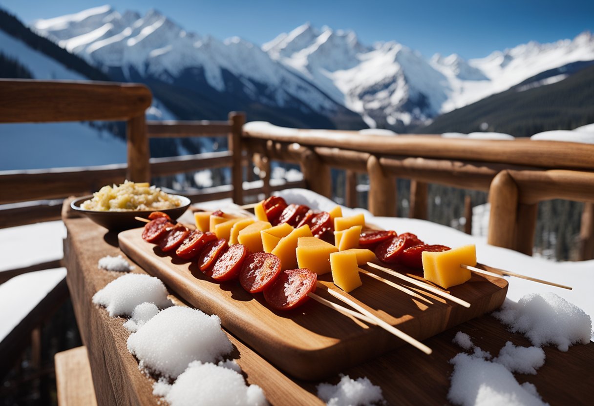 A wooden platter of pepperoni and cheese skewers arranged in a rustic ski lodge setting with snow-covered mountains in the background