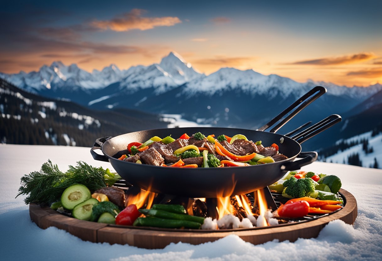 A sizzling stir fry of beef and colorful vegetables cooking in a wok over a hot flame, surrounded by snow-covered mountains and a cozy ski lodge