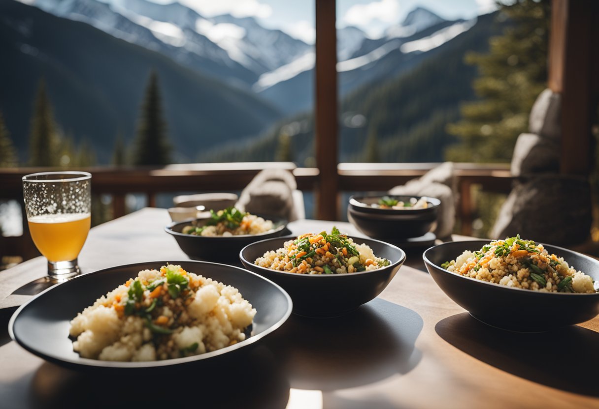 A cozy ski lodge table set with a steaming bowl of cauliflower fried rice surrounded by snowy mountain views