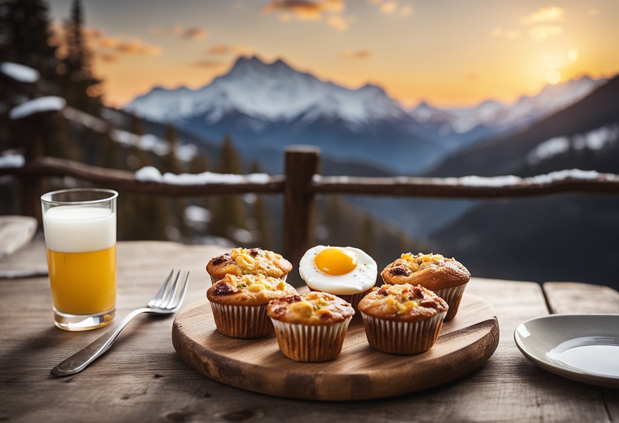 A rustic wooden table set with a plate of egg and bacon breakfast muffins, surrounded by snowy mountain scenery