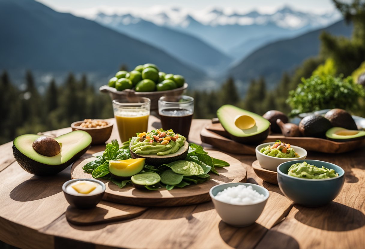 A rustic wooden table set with a vibrant array of fresh avocados, leafy greens, and keto-friendly toppings, surrounded by snowy mountain views