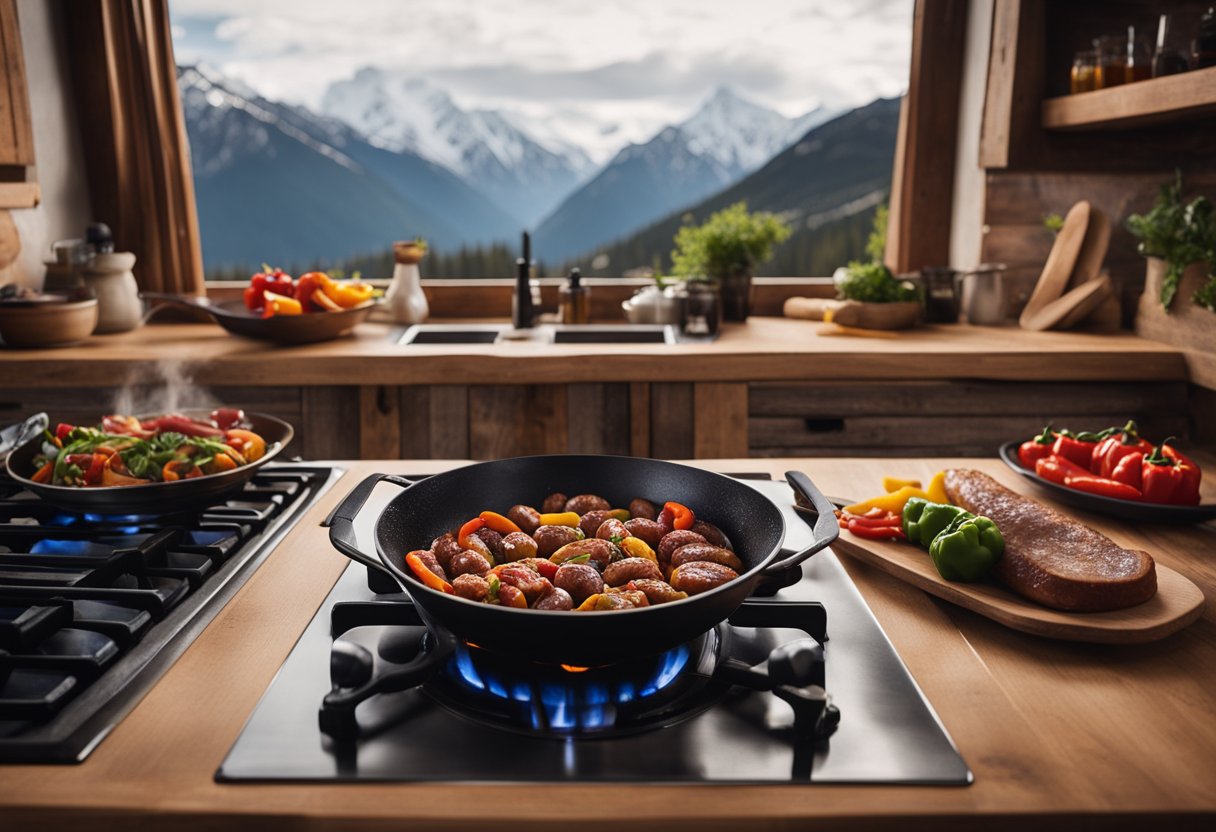 A rustic ski lodge kitchen with a sizzling skillet filled with sausage and bell peppers, surrounded by snowy mountain views