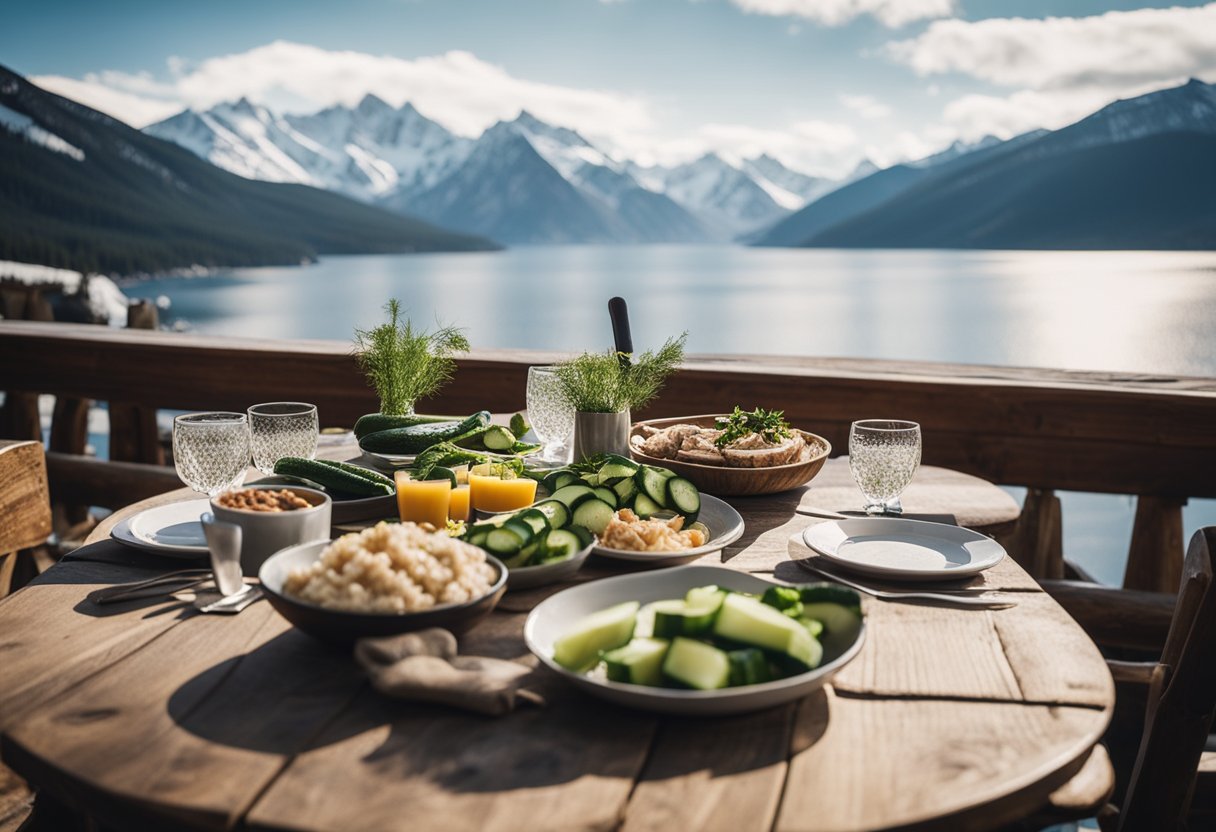 A rustic ski lodge table set with cucumber and tuna boats, surrounded by snowy mountain views