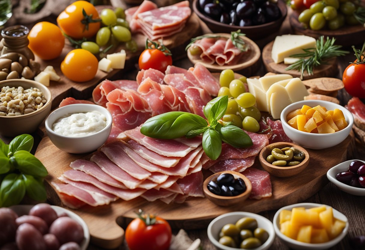 A rustic wooden table displays a colorful array of Italian antipasto ingredients, including cured meats, cheeses, olives, and pickled vegetables