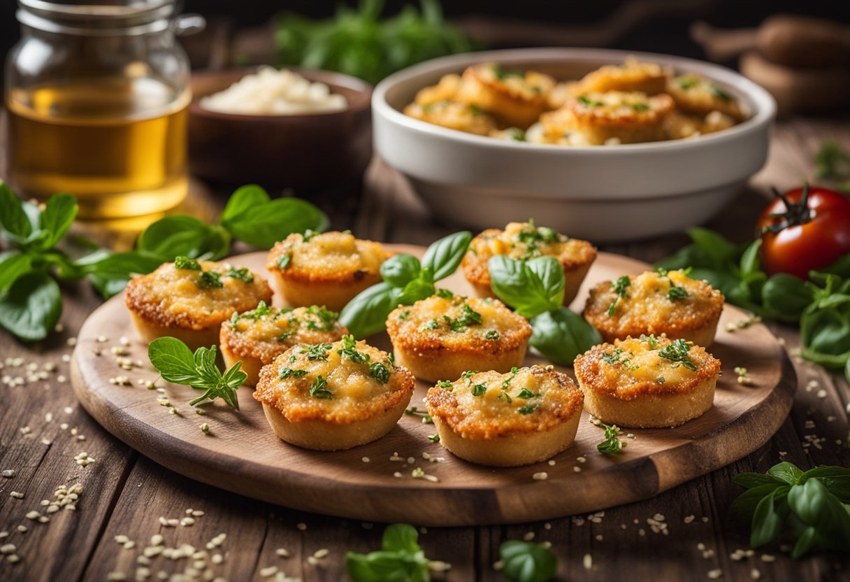 A rustic wooden table with a platter of golden brown eggplant parmesan bites surrounded by fresh herbs and a sprinkle of parmesan cheese