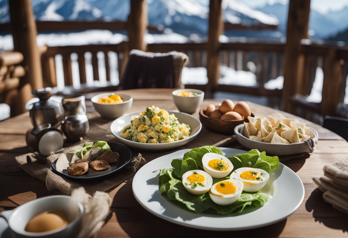 A cozy ski lodge table set with a platter of keto egg salad wraps, surrounded by snowy mountain views and rustic decor