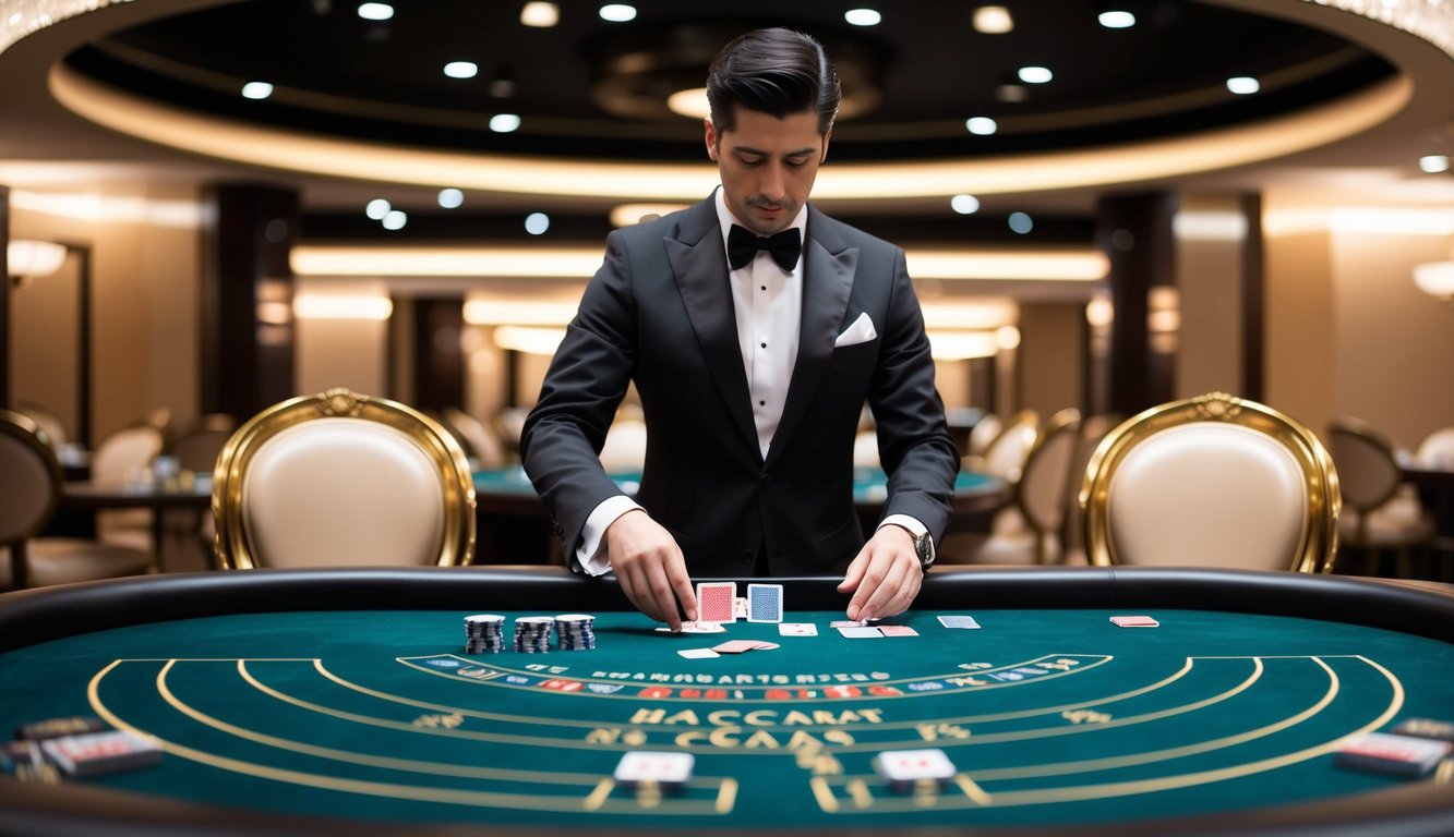 Sebuah meja baccarat yang ramping dikelilingi oleh kursi-kursi elegan, dengan seorang dealer yang mengenakan tuxedo sedang mengocok kartu di bawah cahaya lembut lampu di atas.