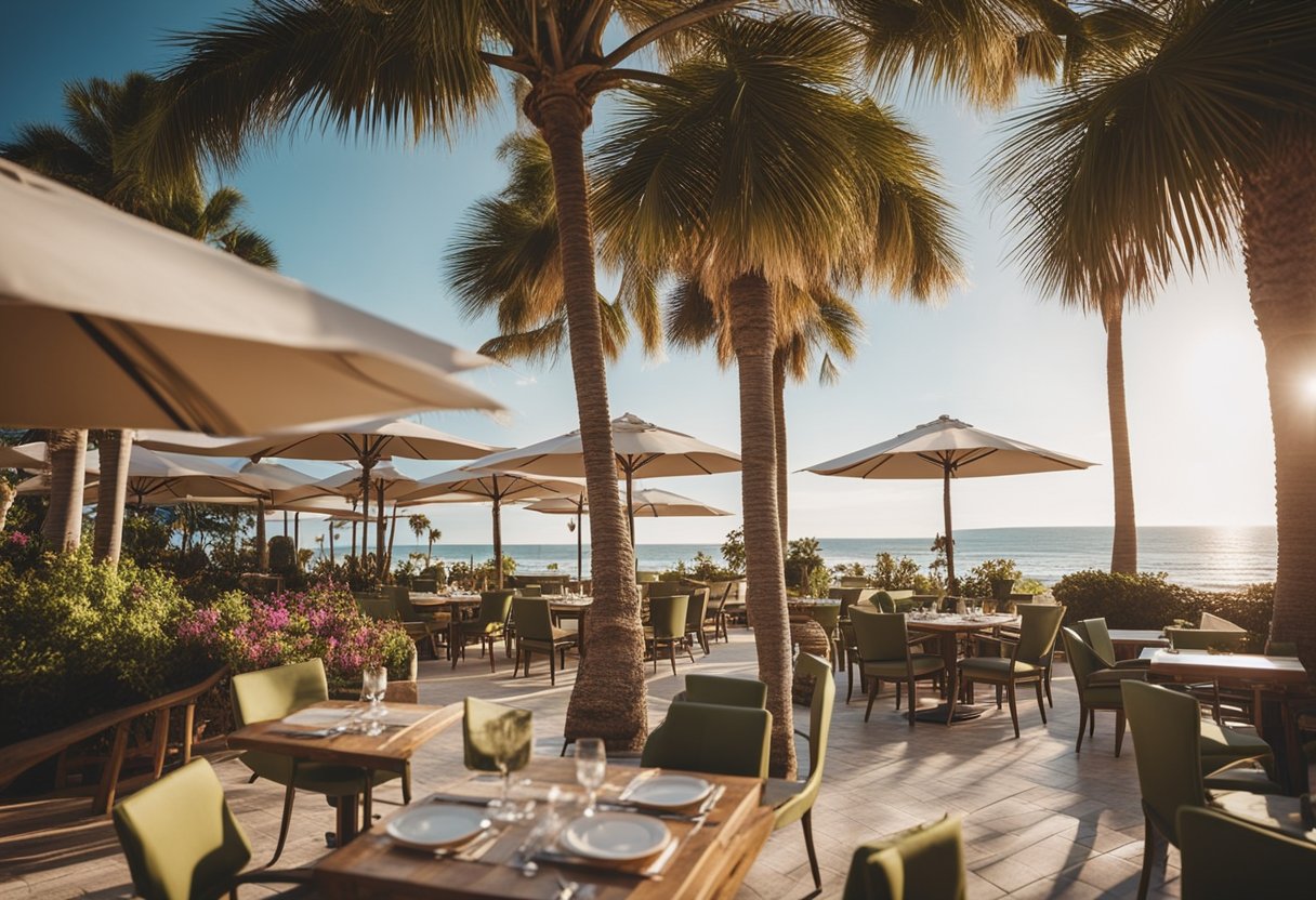 A beachfront restaurant with outdoor seating, overlooking the ocean. Palm trees sway in the breeze as guests enjoy keto-friendly dishes