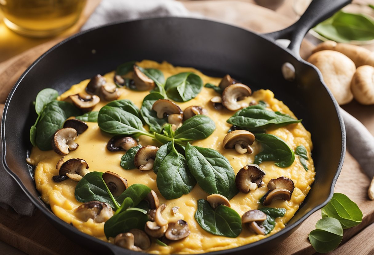 A sizzling omelette cooks in a non-stick pan, filled with vibrant green spinach and earthy mushrooms, ready to be enjoyed at a beachside resort