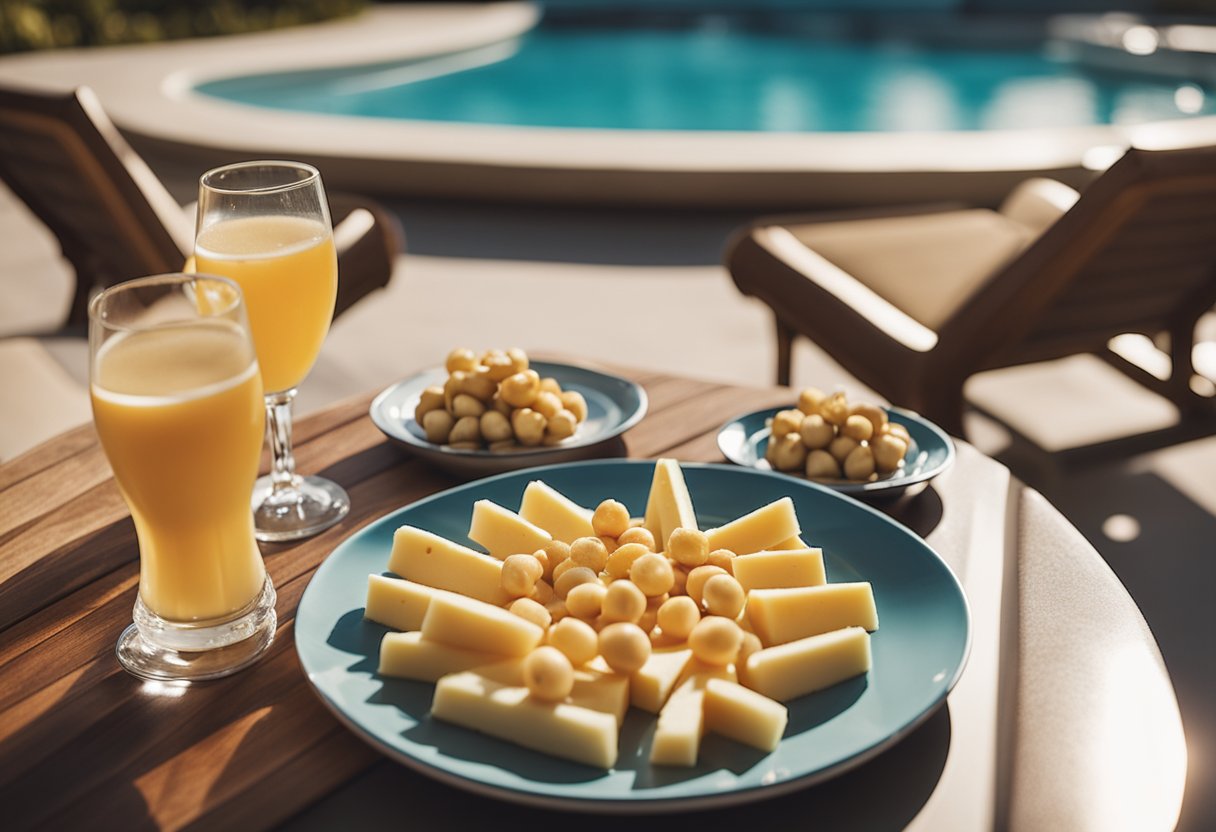 A poolside scene with a plate of cheese sticks and macadamia nuts on a table. Sun loungers and a pool in the background