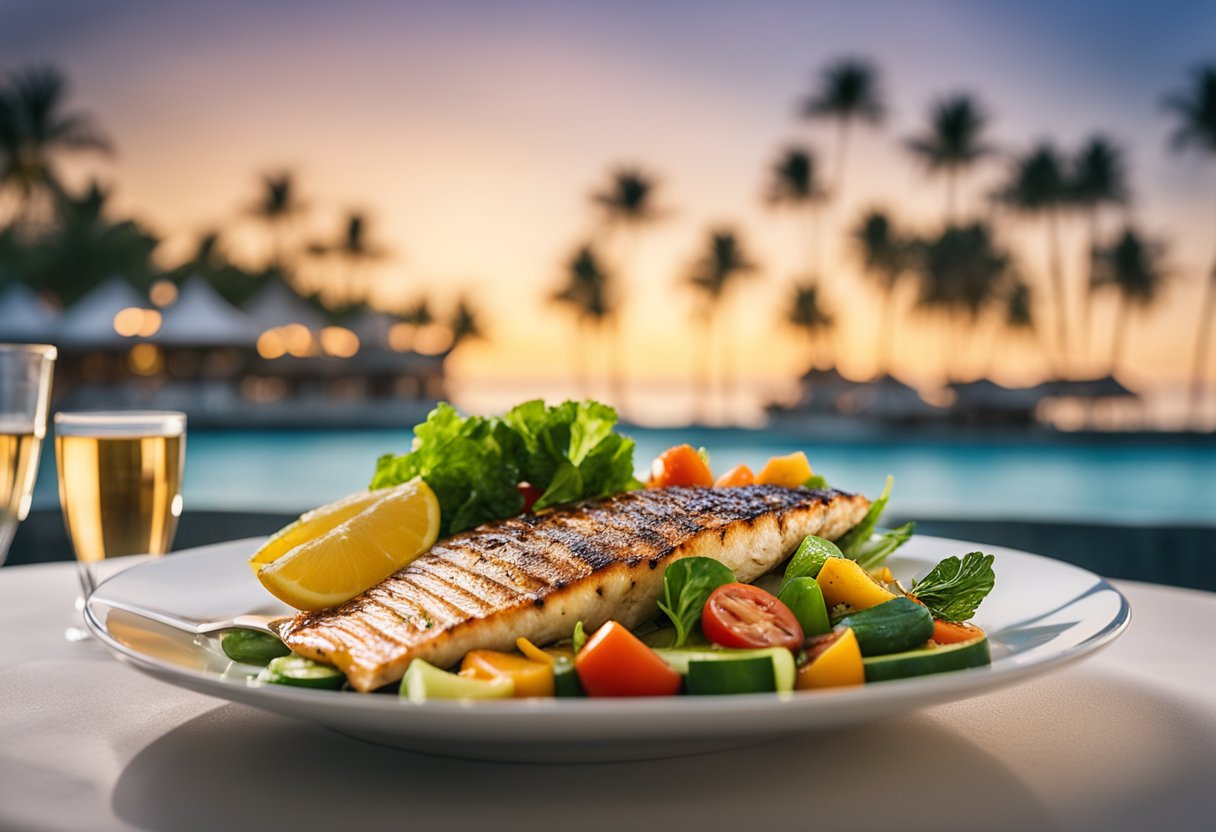 A plate with grilled fish and assorted non-starchy vegetables, set against a beachfront dining backdrop with palm trees and a sunset