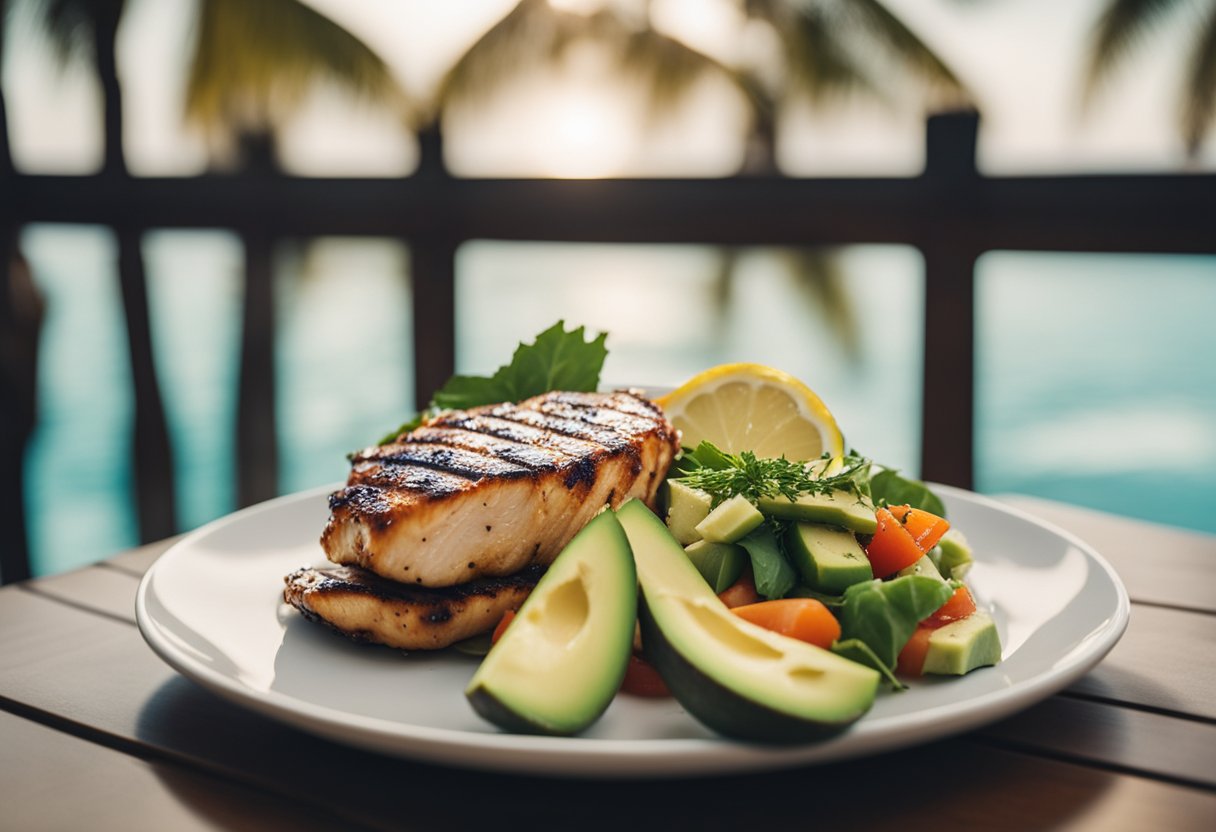 A plate with grilled chicken breast and avocado, surrounded by beach resort scenery