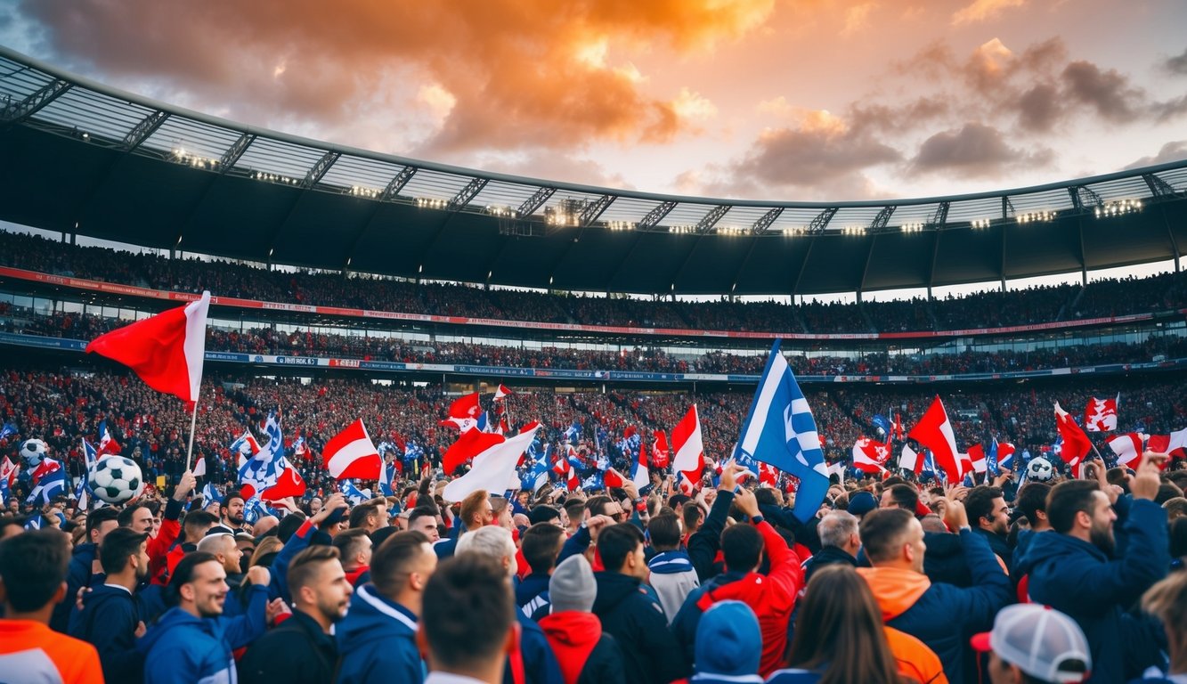 Sebuah stadion sepak bola yang ramai dengan penggemar yang bersorak dan melambaikan bendera