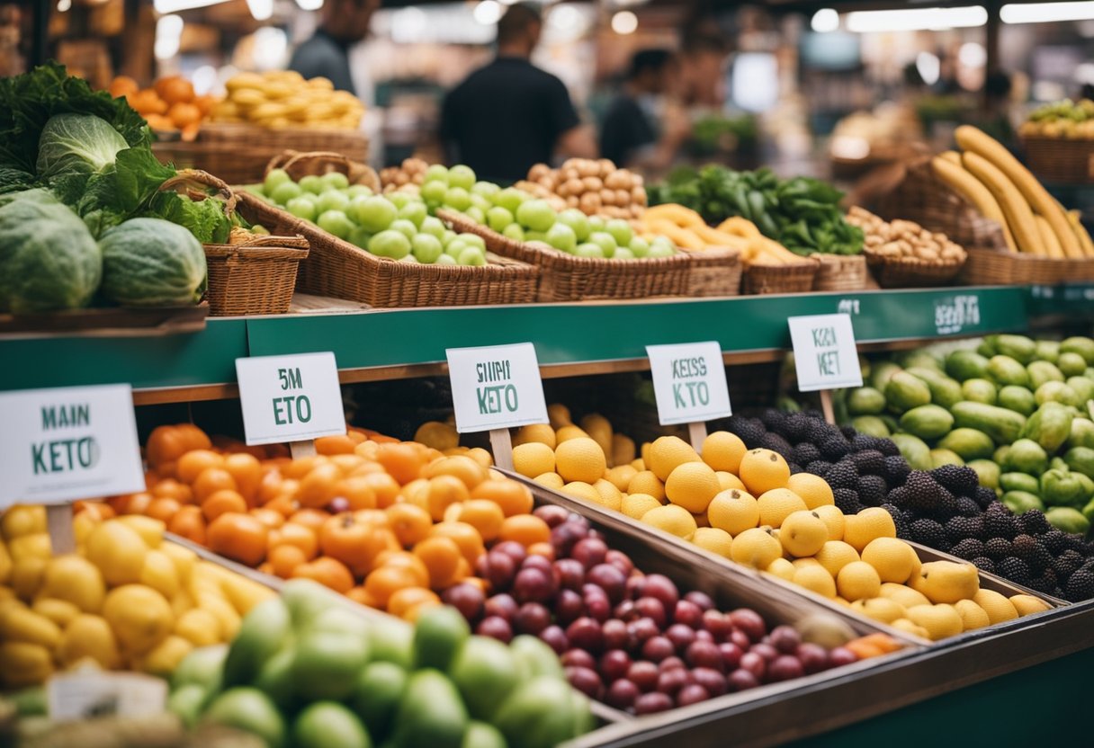 Colorful market stalls display fresh produce and keto-friendly snacks. Busy shoppers browse the vibrant selection