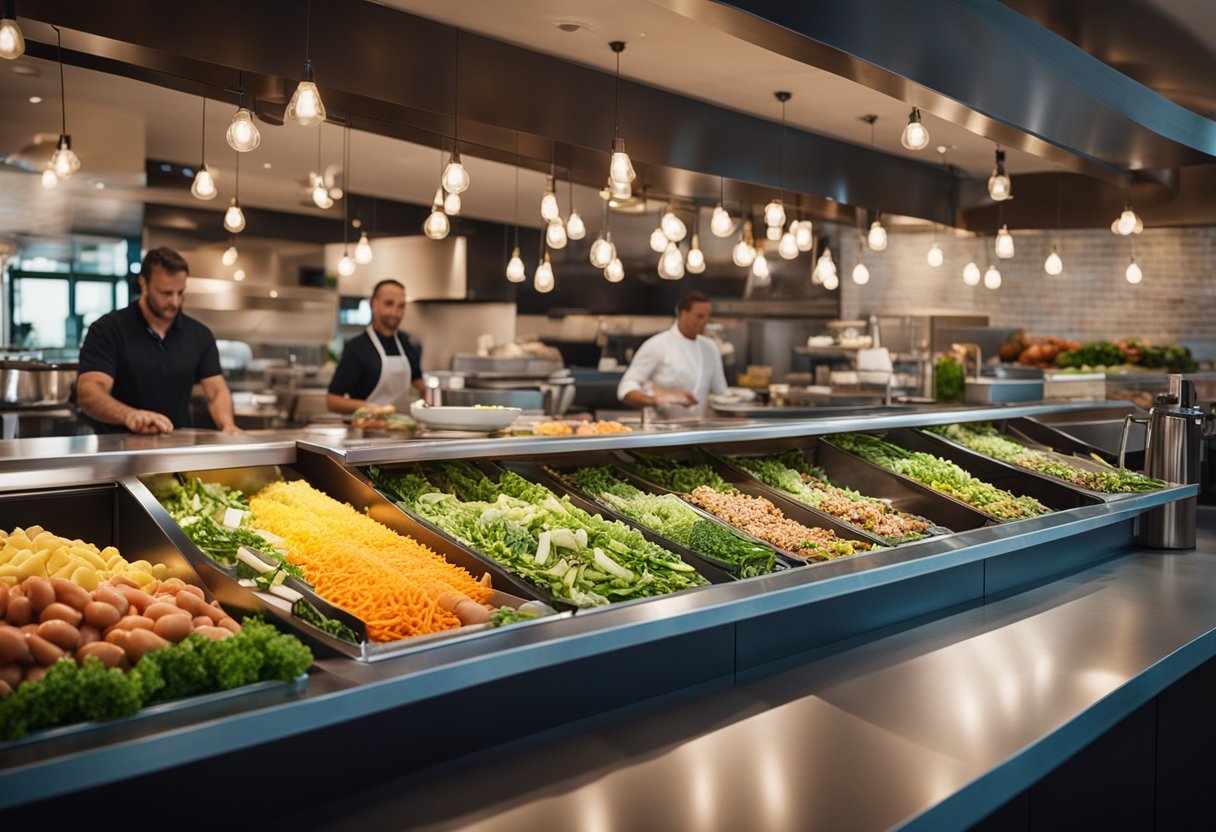 A beachfront restaurant with a colorful salad bar featuring various fresh vegetables, proteins, and dressings. Customers are seen selecting their own keto-friendly ingredients