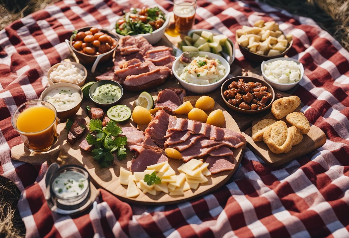 A colorful beach picnic spread with a variety of pre-cooked meats, keto-friendly sides, and refreshing drinks laid out on a checkered blanket