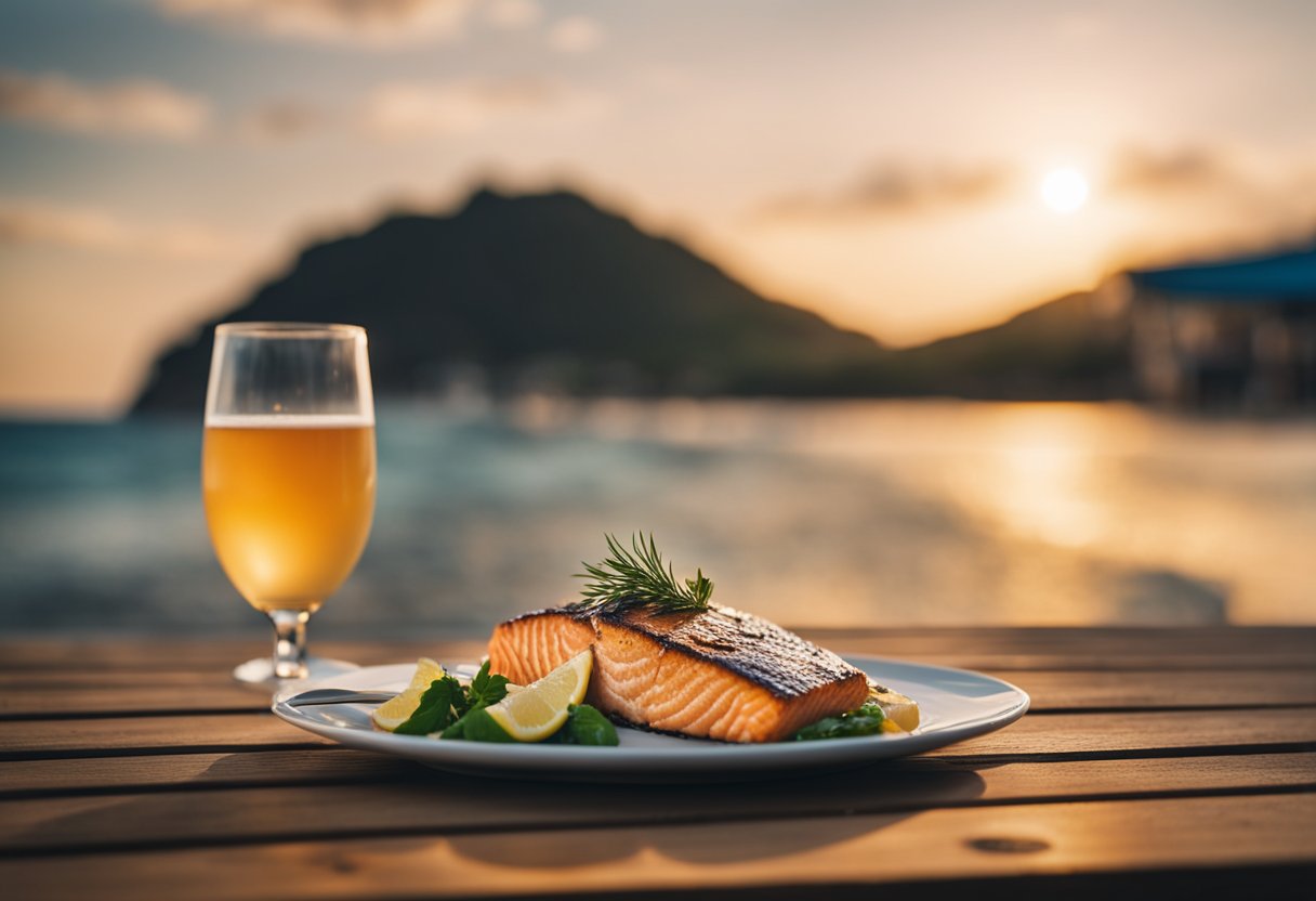 A plate of grilled salmon sits on a wooden table overlooking the ocean at a beach resort. Waves crash in the background as the sun sets