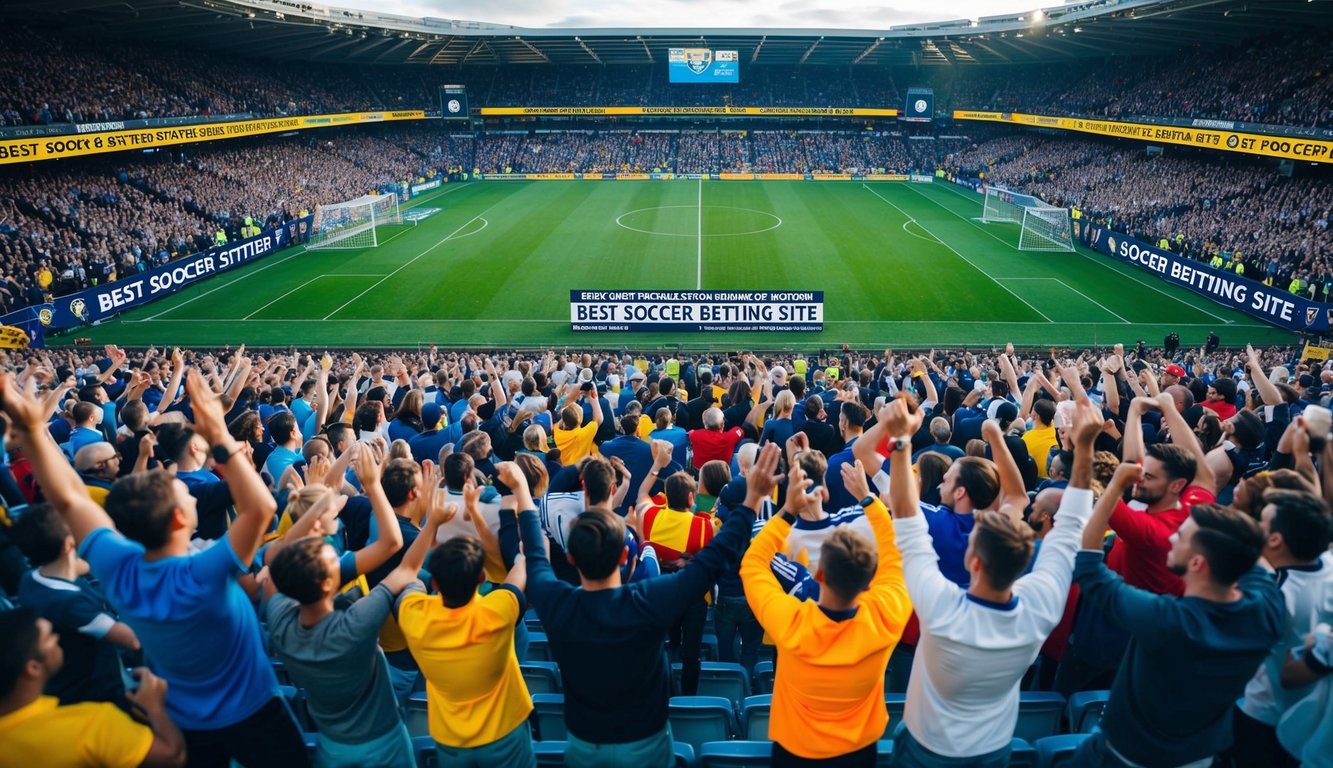 Sebuah stadion yang ramai dengan penggemar yang bersorak, sebuah lapangan sepak bola, dan spanduk yang mempromosikan "Situs Taruhan Sepak Bola Terbaik" di latar belakang