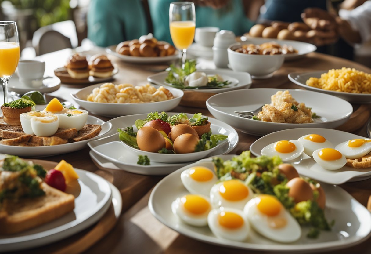 A beach resort dining area with a variety of egg-based breakfast items displayed on a buffet table