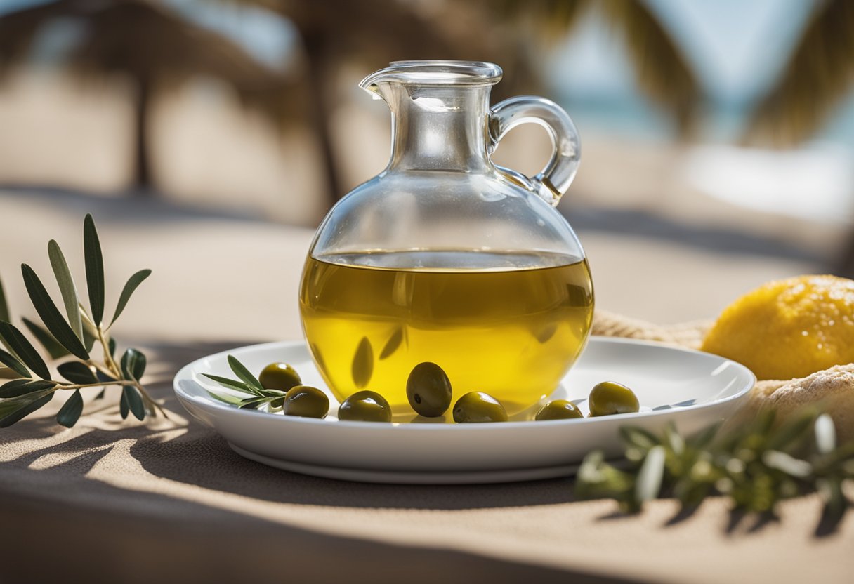 A small dish of olive oil sits beside a plate of food at a beach resort dining table