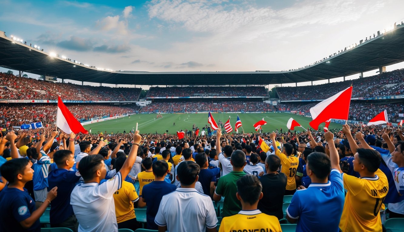 Sebuah stadion sepak bola yang ramai di Indonesia dengan para penggemar bersorak dan melambaikan bendera