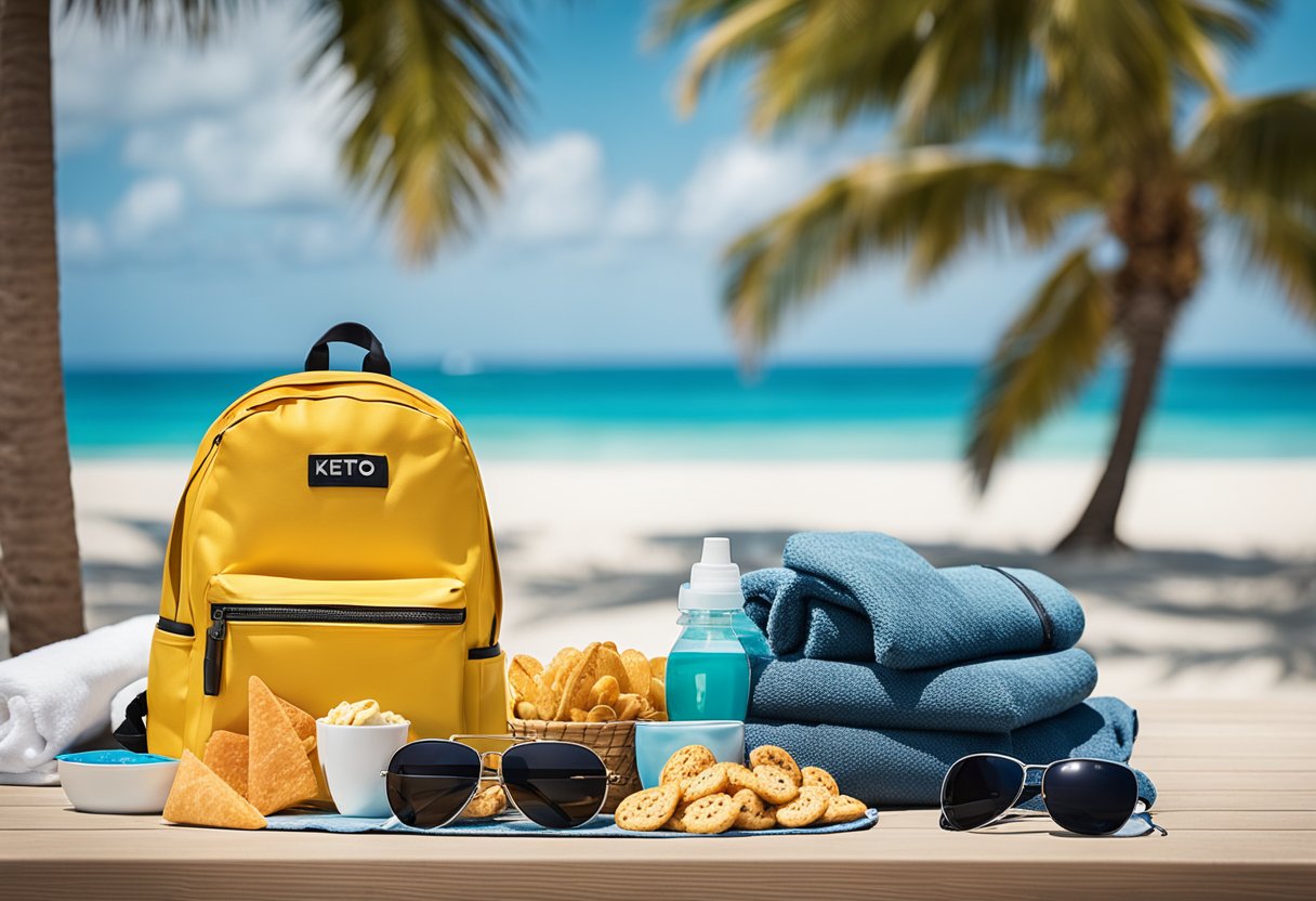 A backpack filled with keto snacks sits on a beach chair next to a towel and sunglasses. The ocean and palm trees are in the background