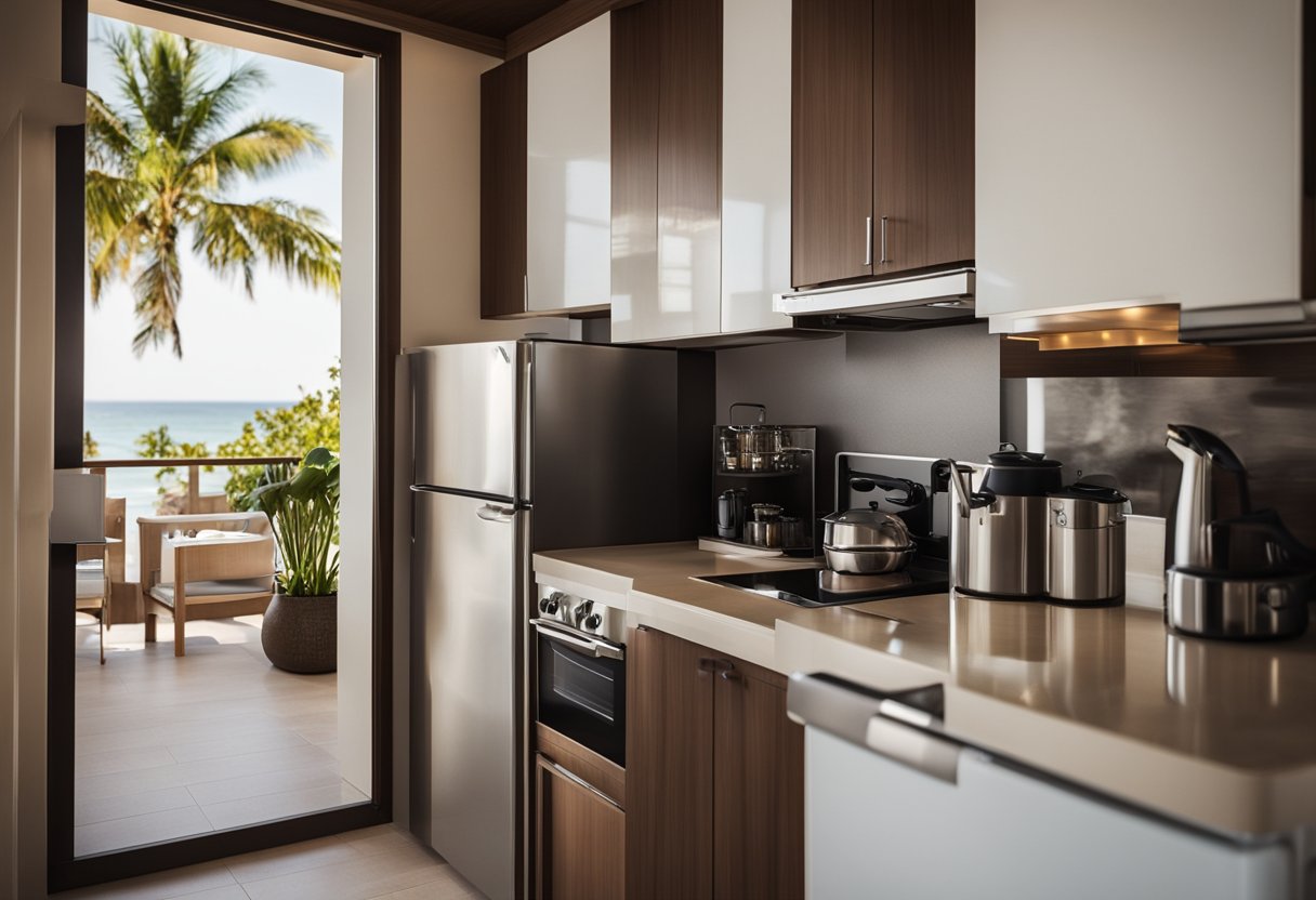 A beach resort room with a kitchenette, featuring a stove, fridge, and countertop for preparing low-carb meals