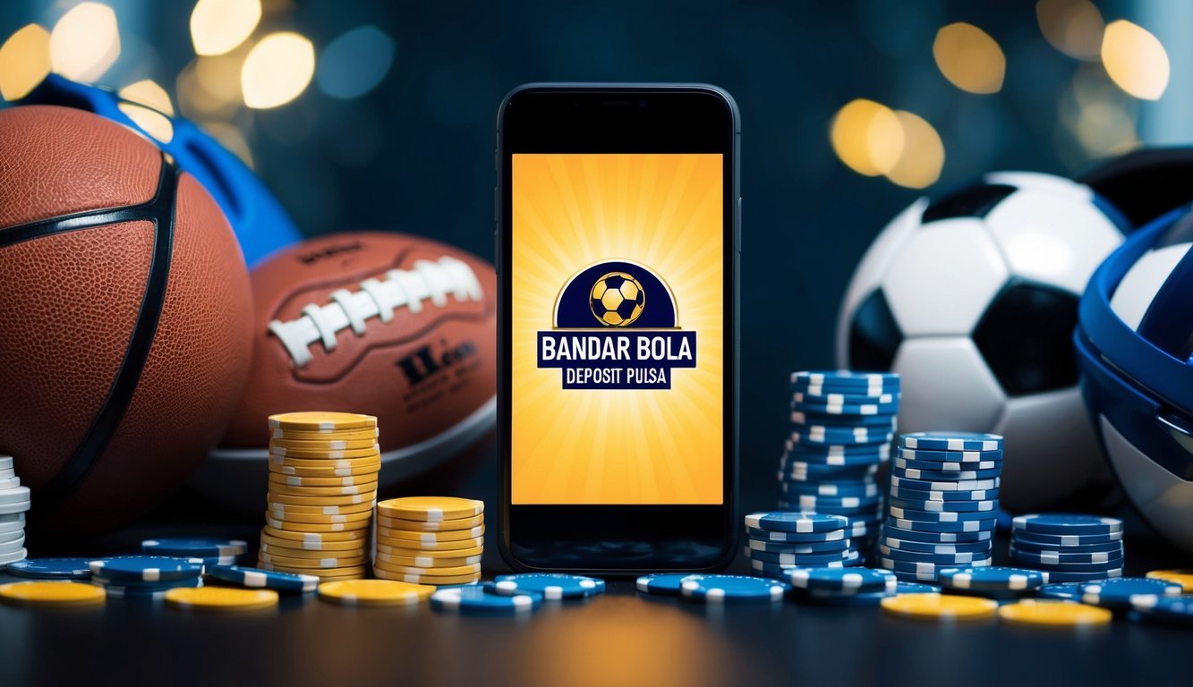 Sebuah ponsel dengan layar yang bersinar menampilkan logo "Bandar Bola Deposit Pulsa" dikelilingi oleh berbagai peralatan olahraga dan tumpukan chip