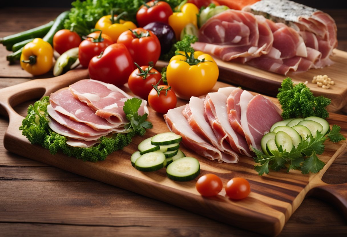 A colorful array of cold cuts and fresh vegetables arranged on a wooden cutting board