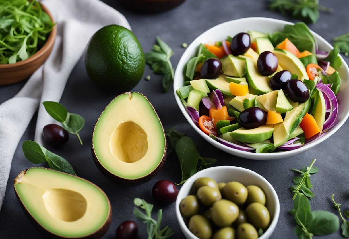 A colorful salad bowl with sliced avocado and olives on top