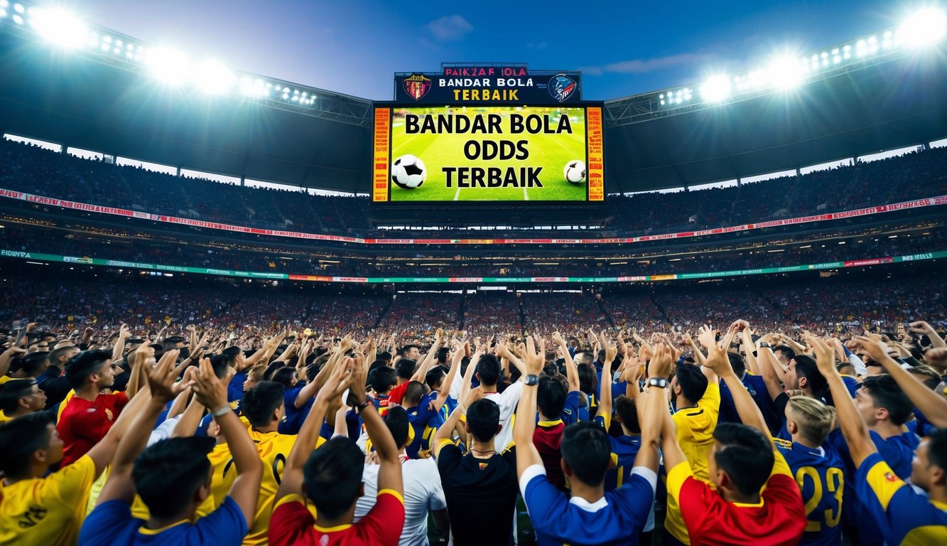 Sebuah stadion olahraga yang ramai dengan penggemar yang bersorak dan papan skor raksasa yang menampilkan "Bandar Bola Odds Terbaik"