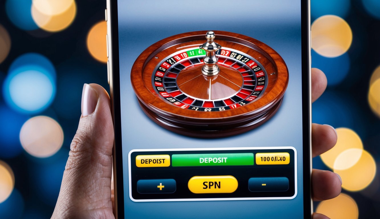 Roda roulette digital berputar di layar smartphone dengan tombol deposit yang berdenyut di bawahnya